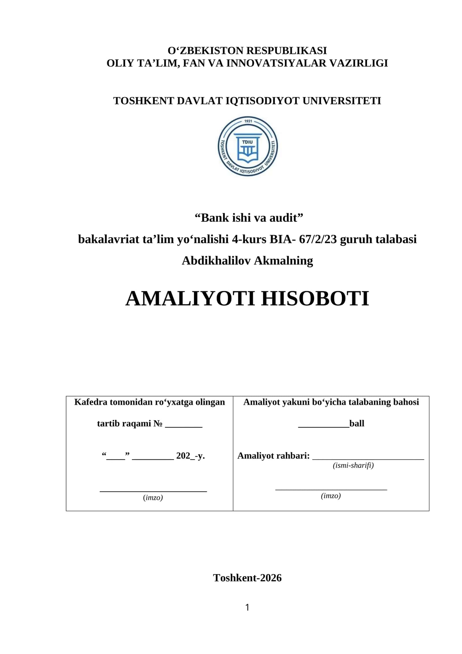 Mikrokreditbank” ATB Qashqadaryo viloyati Kasbi tuman bank xizmatlari markazi (BXM)