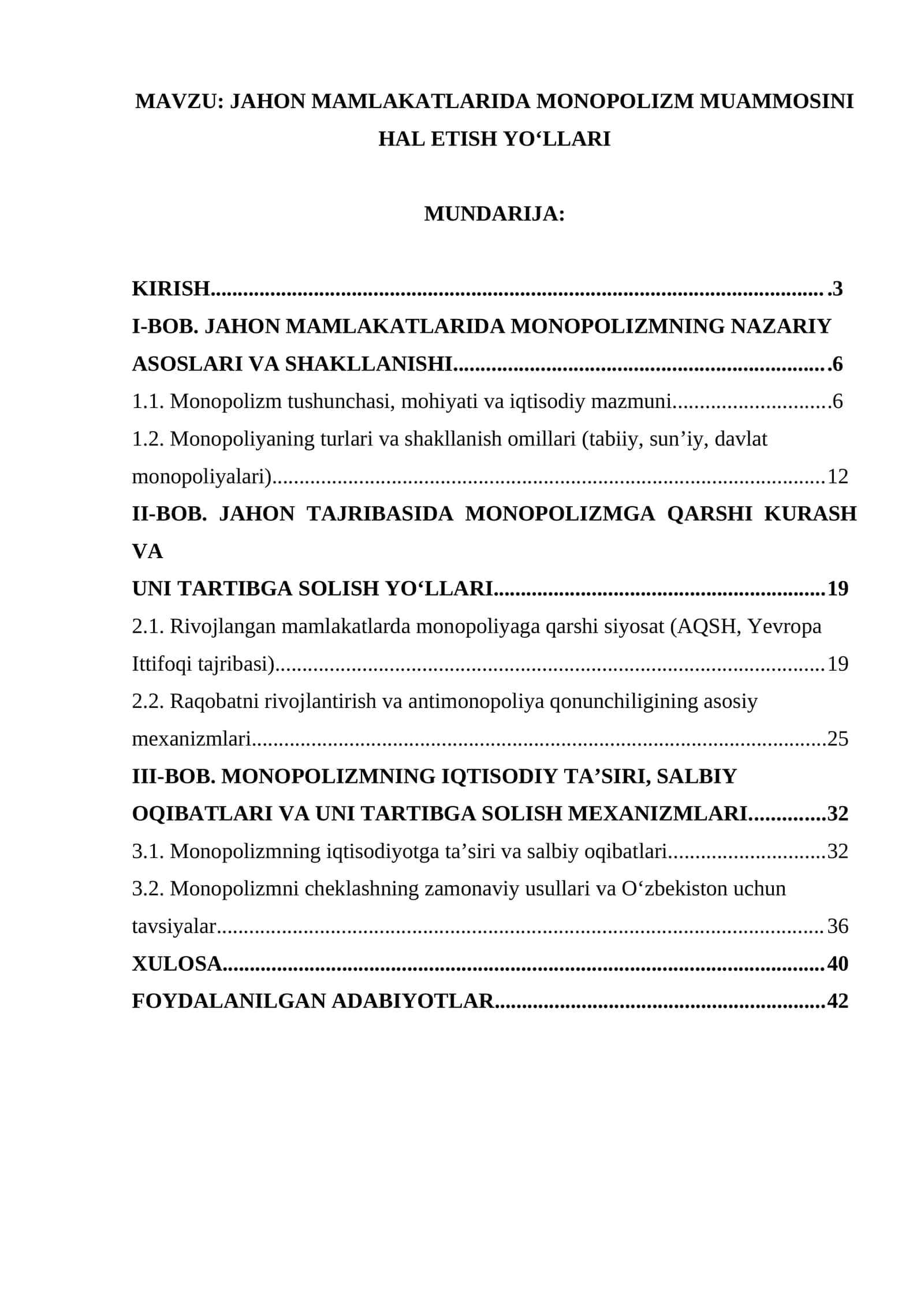 JAHON MAMLAKATLARIDA MONOPOLIZM MUAMMOSINI HAL ETISH YO‘LLARI