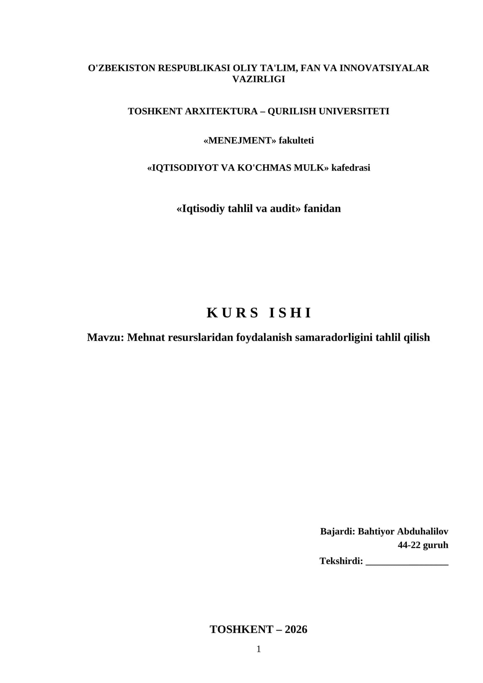 Mehnat resurslaridan foydalanish samaradorligini tahlil qilish