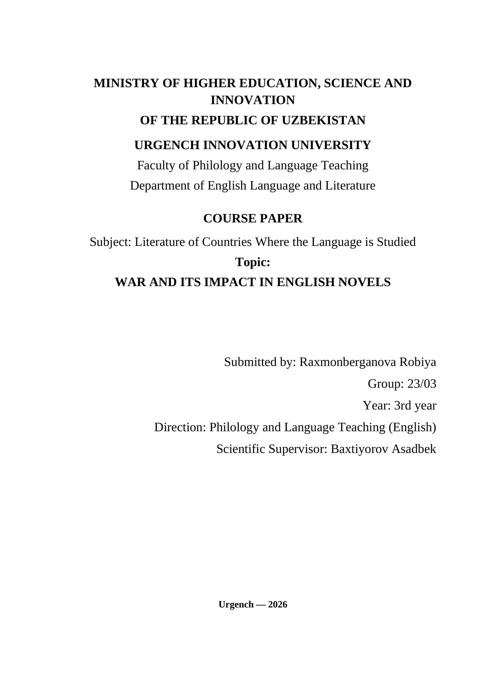 WAR AND ITS IMPACT IN ENGLISH NOVELS