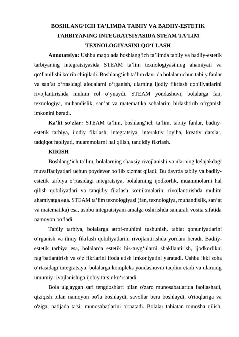 BOSHLANG‘ICH TA’LIMDA TABIIY VA BADIIY-ESTETIK TARBIYANING INTEGRATSIYASIDA STEAM TA’LIM TEXNOLOGIYASINI QO‘LLASH