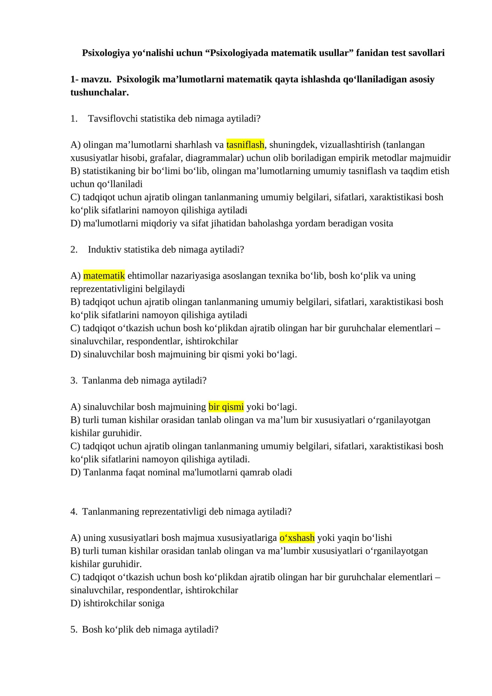 Psixologiyada matematik usullar fanidan test savollari
