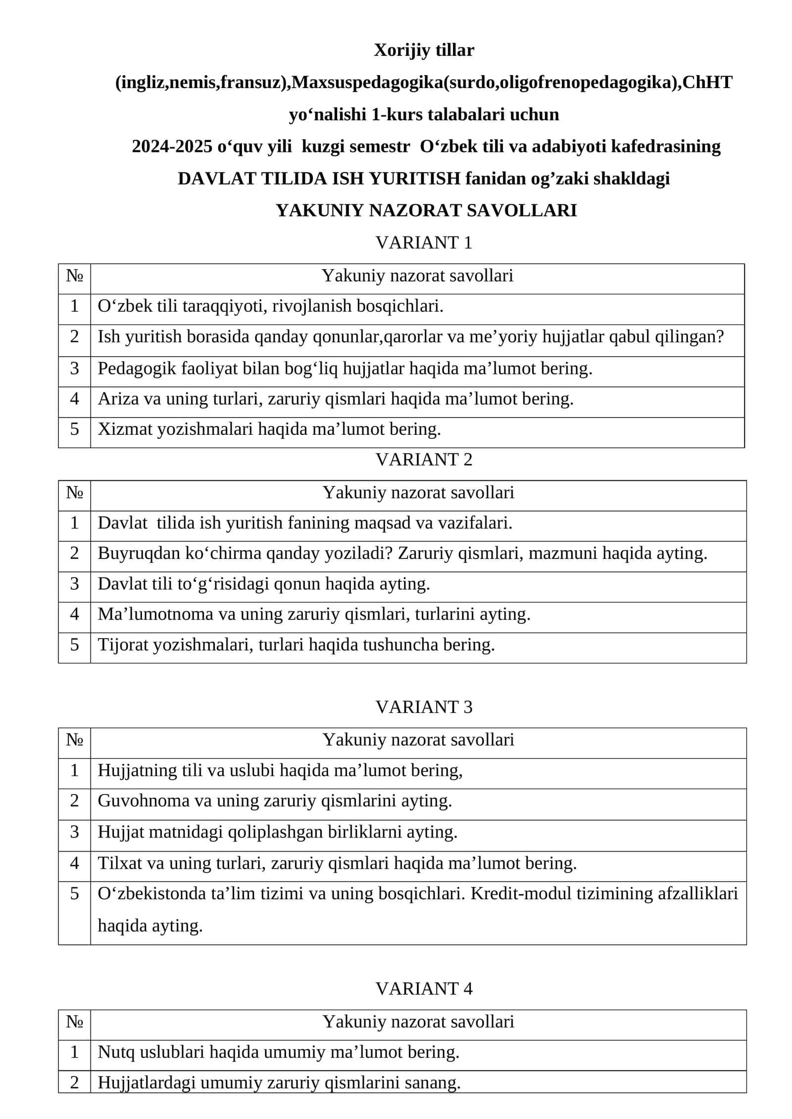 DAVLAT TILIDA ISH YURITISH fanidan og’zaki shakldagi YAKUNIY NAZORAT SAVOLLARI