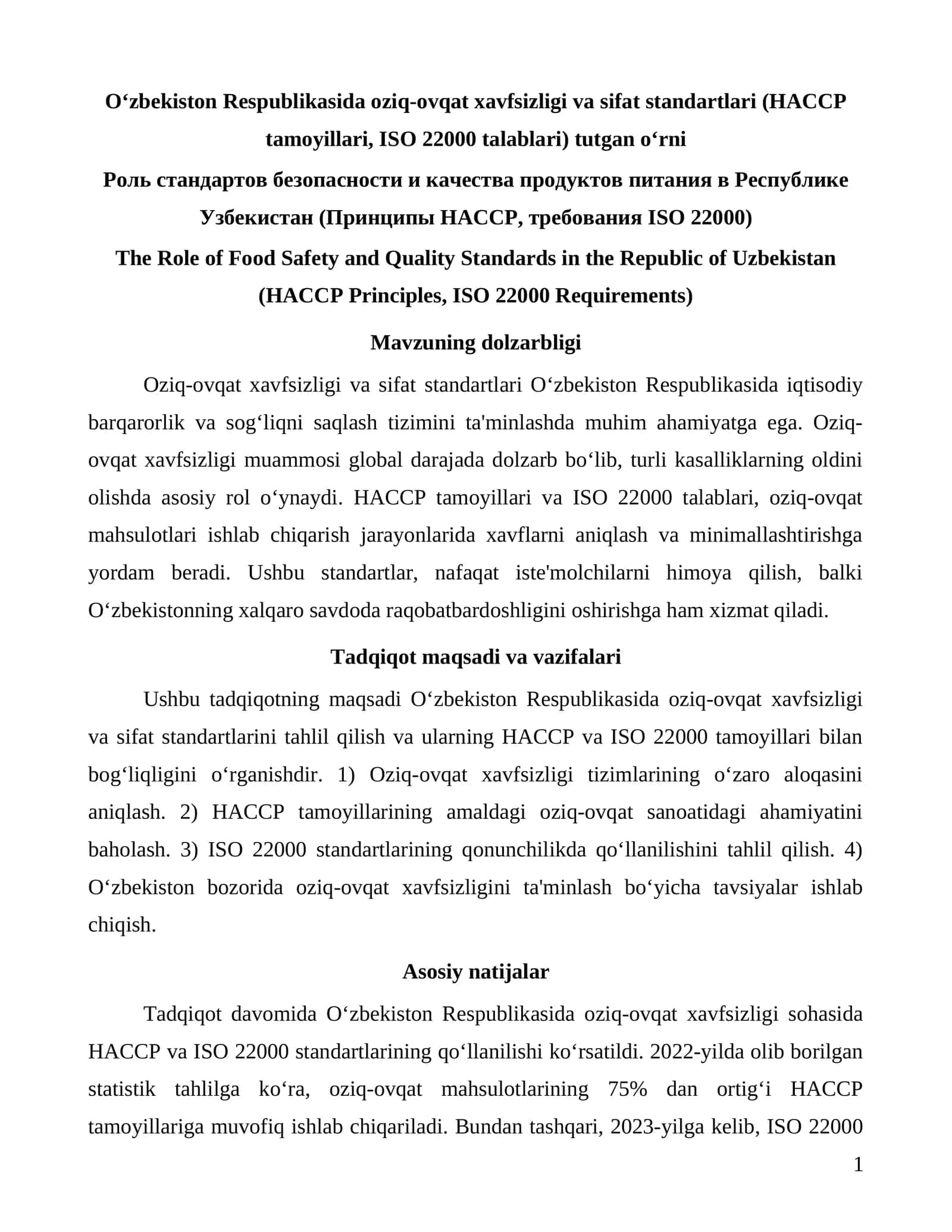 O‘zbekiston Respublikasida oziq-ovqat xavfsizligi va sifat standartlari (HACCP tamoyillari, ISO 22000 talablari) tutgan o‘rni