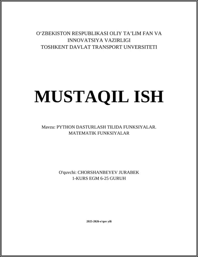 PYTHON DASTURLASH TILIDA FUNKSIYALAR