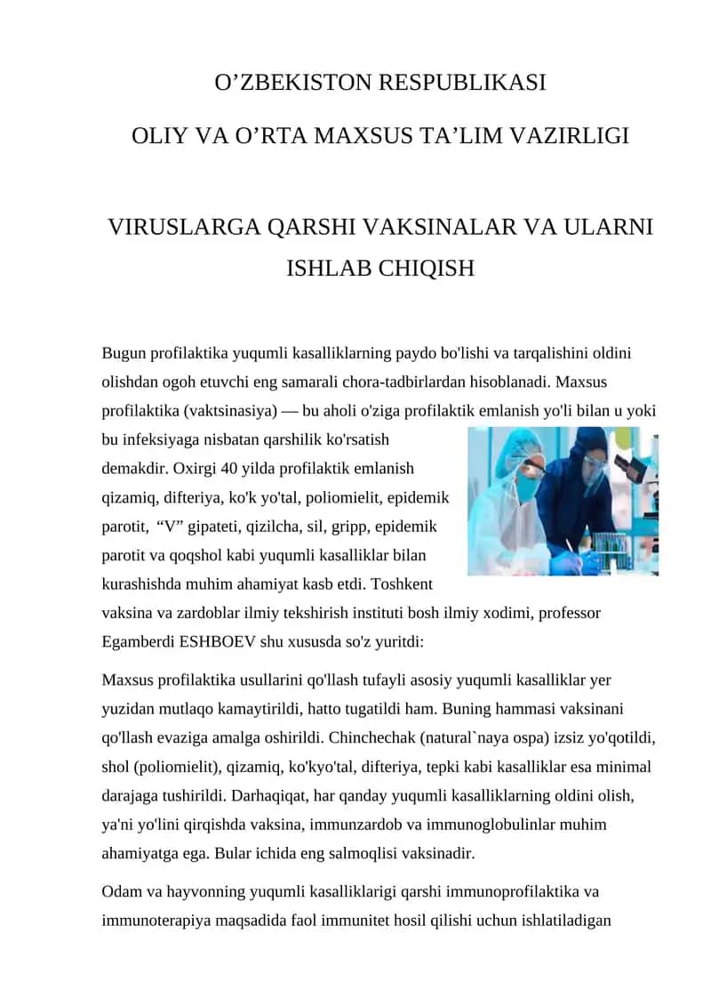 VIRUSLARGA QARSHI VAKSINALAR VA ULARNI ISHLAB CHIQISH