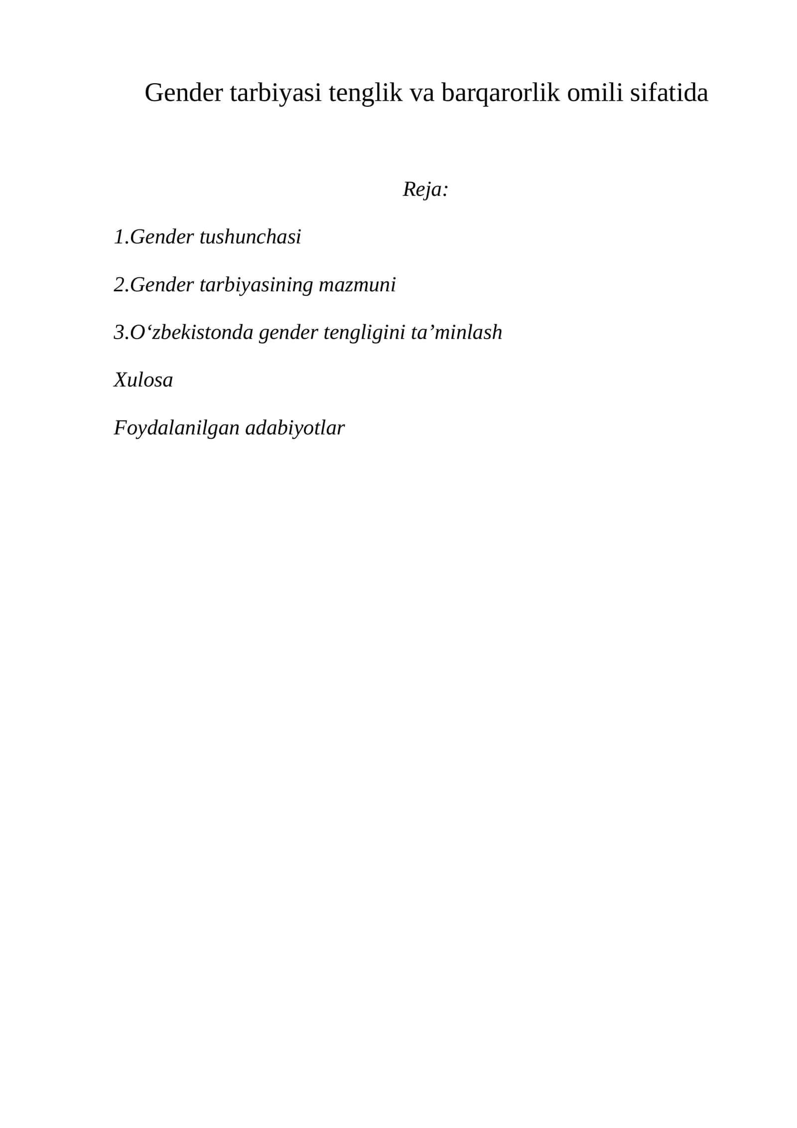 Gender tarbiyasi tenglik va barqarorlik omili sifatida