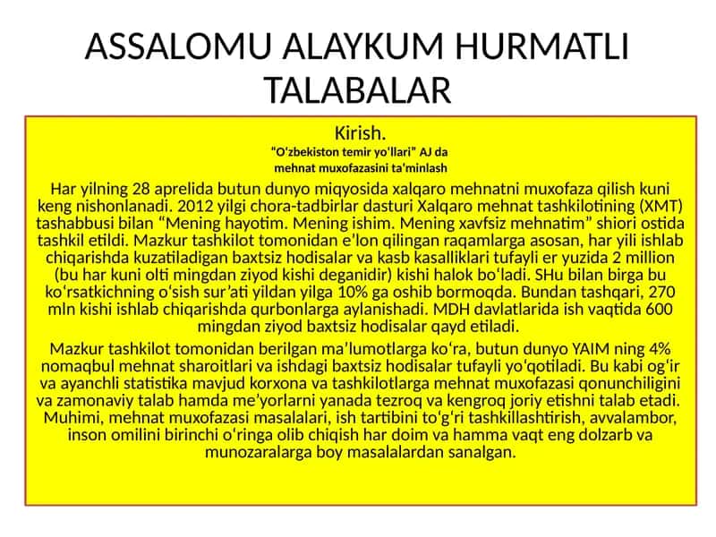 “O‘zbekiston temir yo‘llari” AJ da mehnat muxofazasini ta’minlash