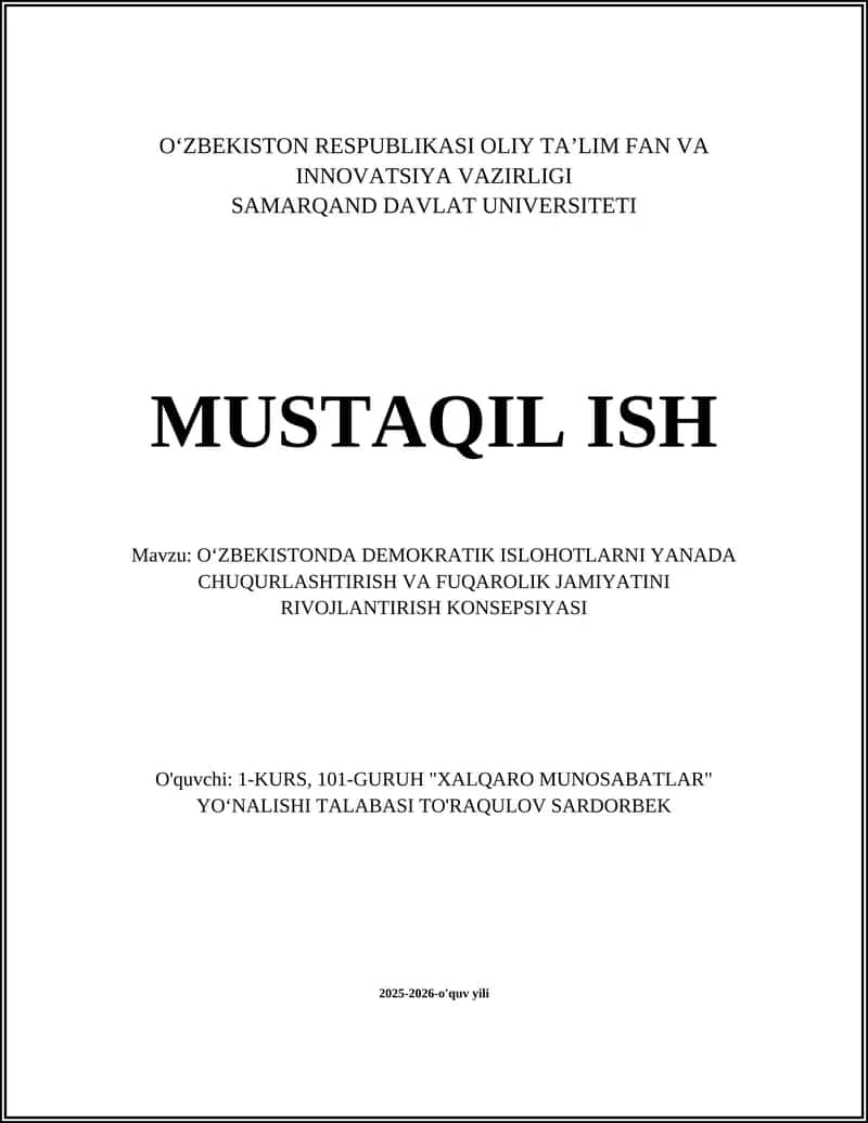 O‘ZBEKISTONDA DEMOKRATIK ISLOHOTLARNI YANADA CHUQURLASHTIRISH VA FUQAROLIK JAMIYATINI RIVOJLANTIRISH KONSEPSIYASI