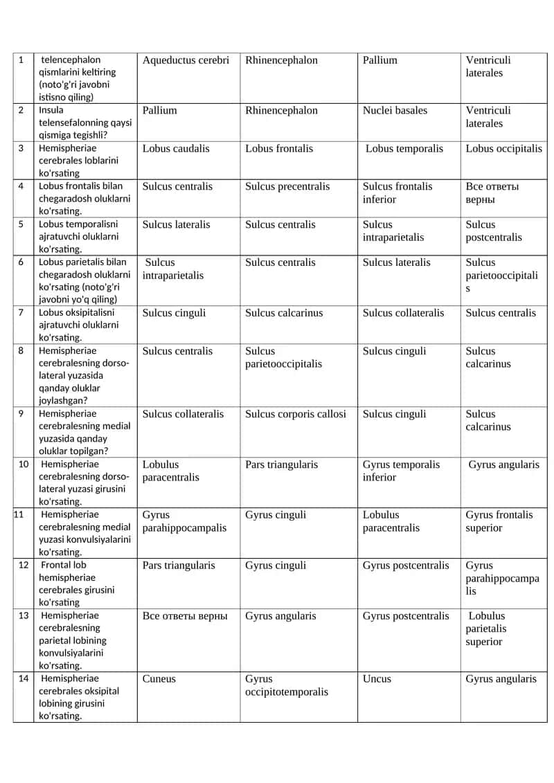 Telencephalon qismlari bo'yicha test savollari