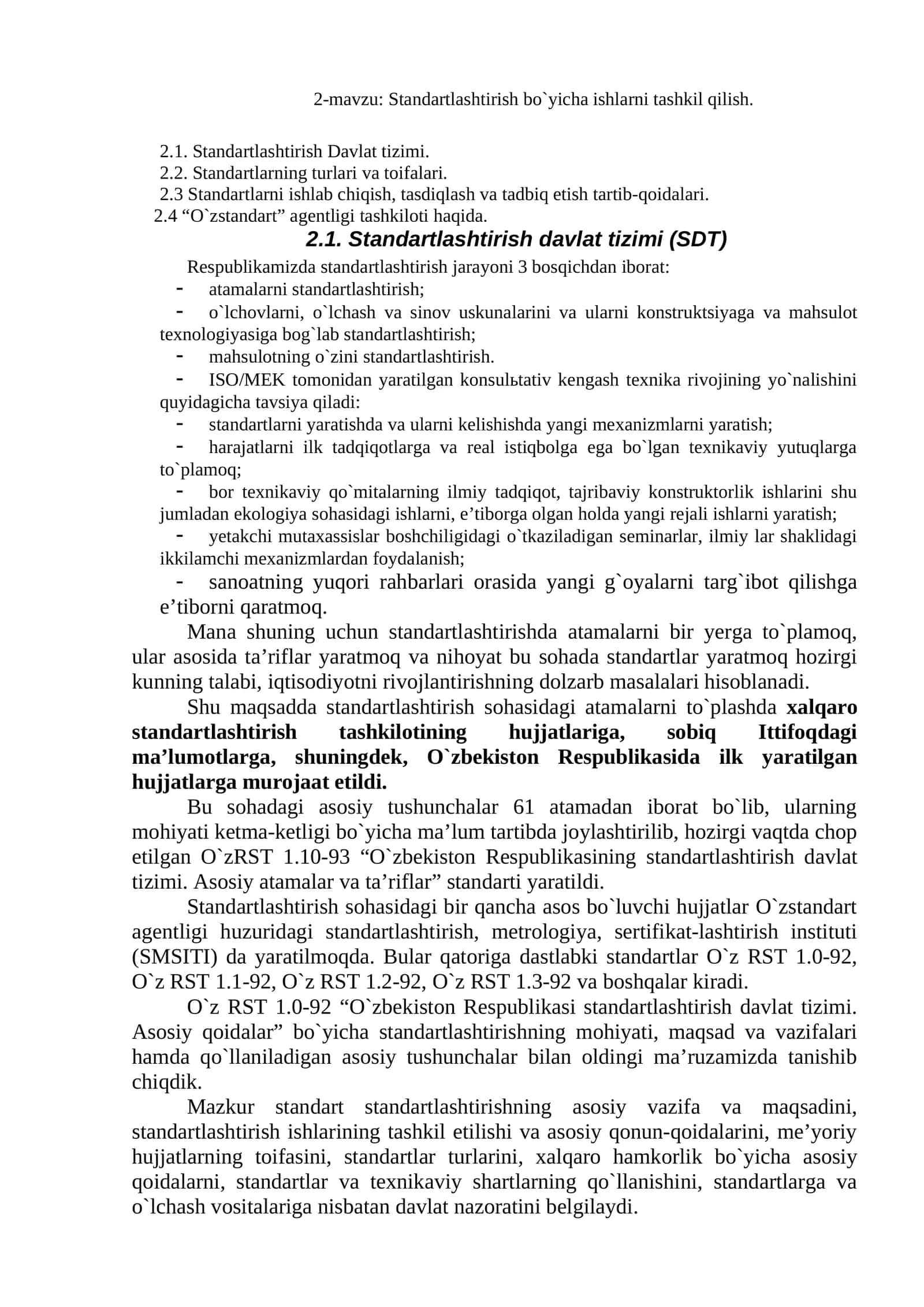 Standartlashtirish bo`yicha ishlarni tashkil qilish