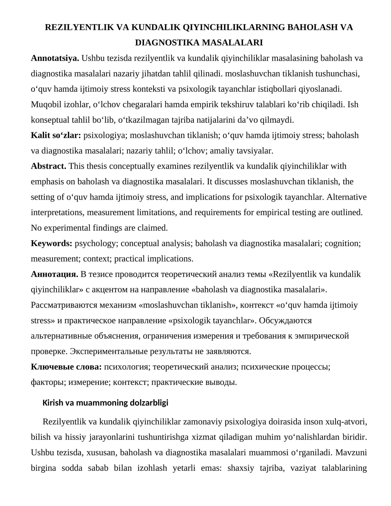 REZILYENTLIK VA KUNDALIK QIYINCHILIKLARNING BAHOLASH VA DIAGNOSTIKA MASALALARI