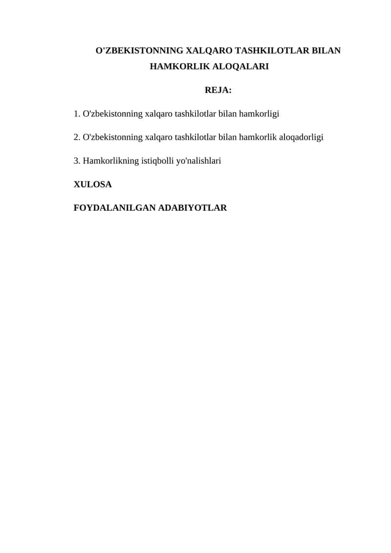 O'zbekistonning xalqaro tashkiyotlar bilan hamkorlik aloqalari