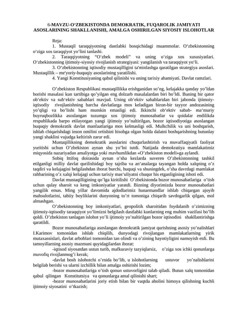 O‘ZBEKISTONDA DEMOKRATIK, FUQAROLIK JAMIYATI ASOSLARINING SHAKLLANISHI, AMALGA OSHIRILGAN SIYOSIY ISLOHOTLAR