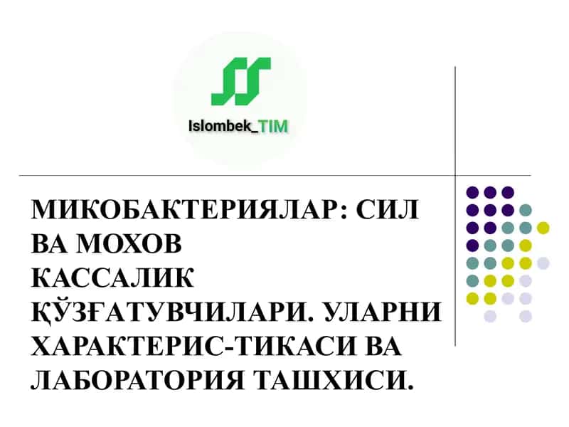 МИКОБАКТЕРИЯЛАР: СИЛ ВА МОХОВ
КАССАЛИК ҚЎЗҒАТУВЧИЛАРИ. УЛАРНИ ХАРАКТЕРИС-ТИКАСИ ВА ЛАБОРАТОРИЯ...