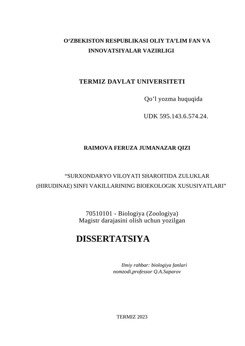 “SURXONDARYO VILOYATI SHAROITIDA ZULUKLAR (HIRUDINAE) SINFI VAKILLARINING BIOEKOLOGIK XUSUSIYATLARI”