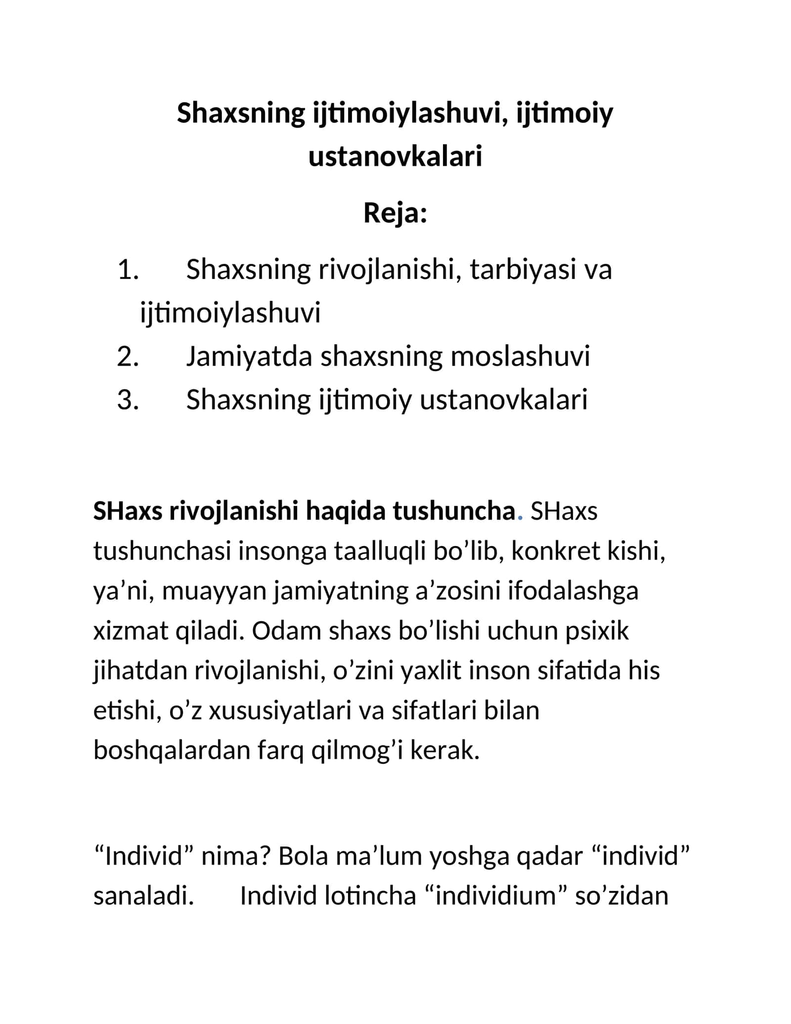 Shaxs rivojlanishi, tarbiyasi va ijtimoiylashuvi