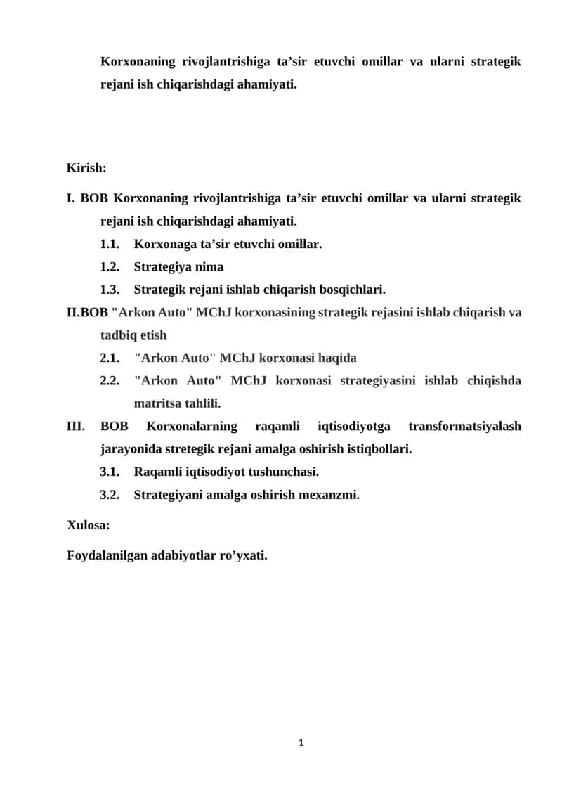 Korxonalarning raqamli iqtisodiyotga transformatsiyalash jarayonida stretegik rejani amalga oshirish istiqbollari.