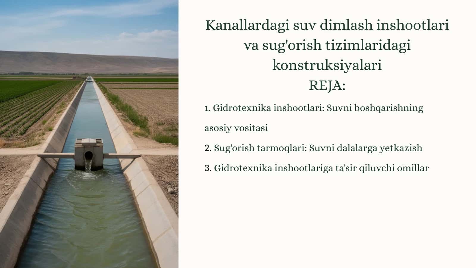 Kanallardagi suv dimlash inshootlari va sug'orishtizimlaridagikonstruksiyalari