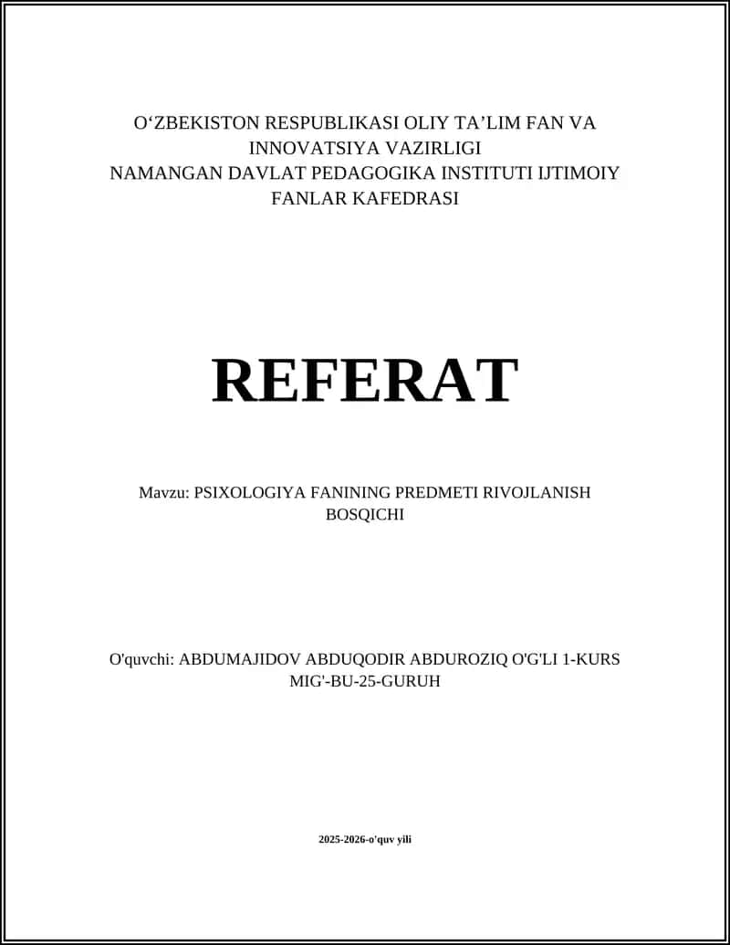 Psixologiya fanining predmeti va rivojlanish bosqichi