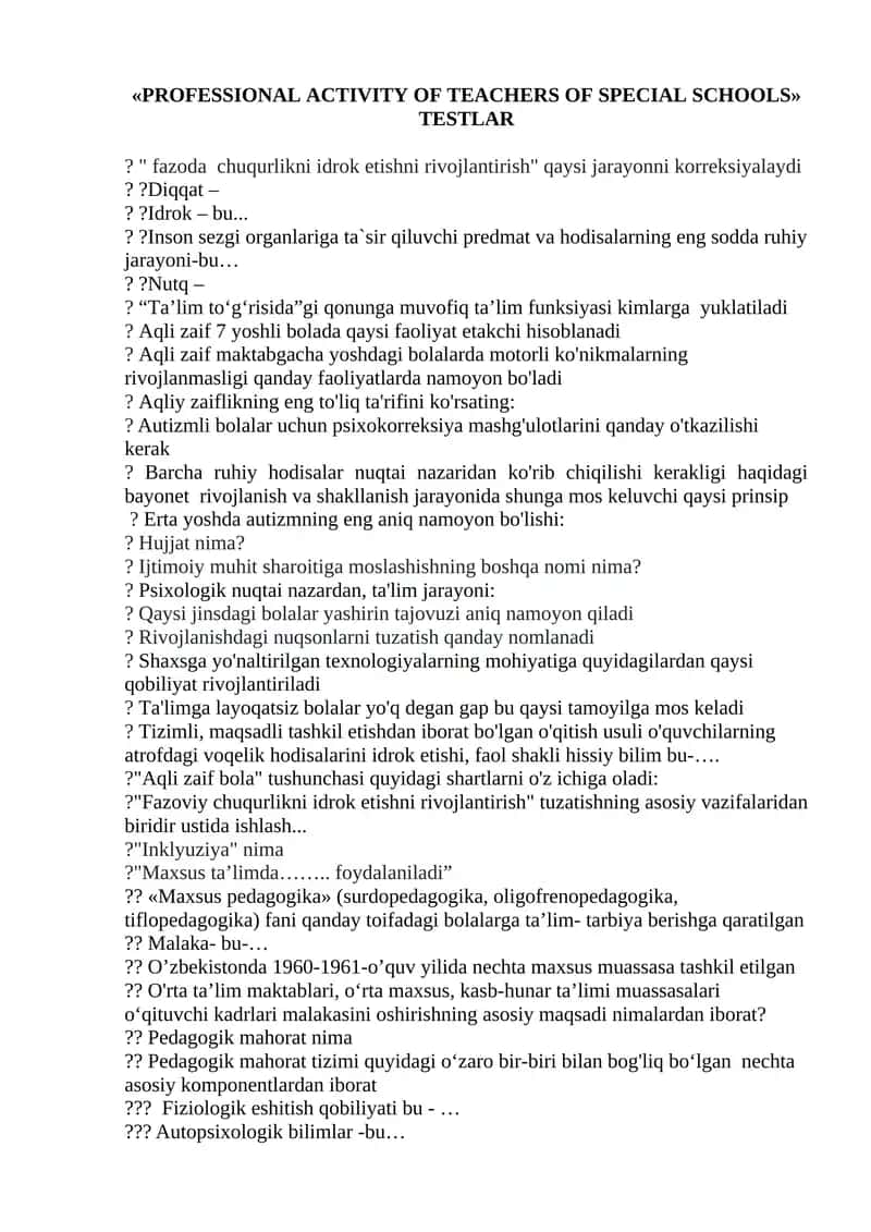 PROFESSIONAL ACTIVITY OF TEACHERS OF SPECIAL SCHOOLS" TESTLAR?