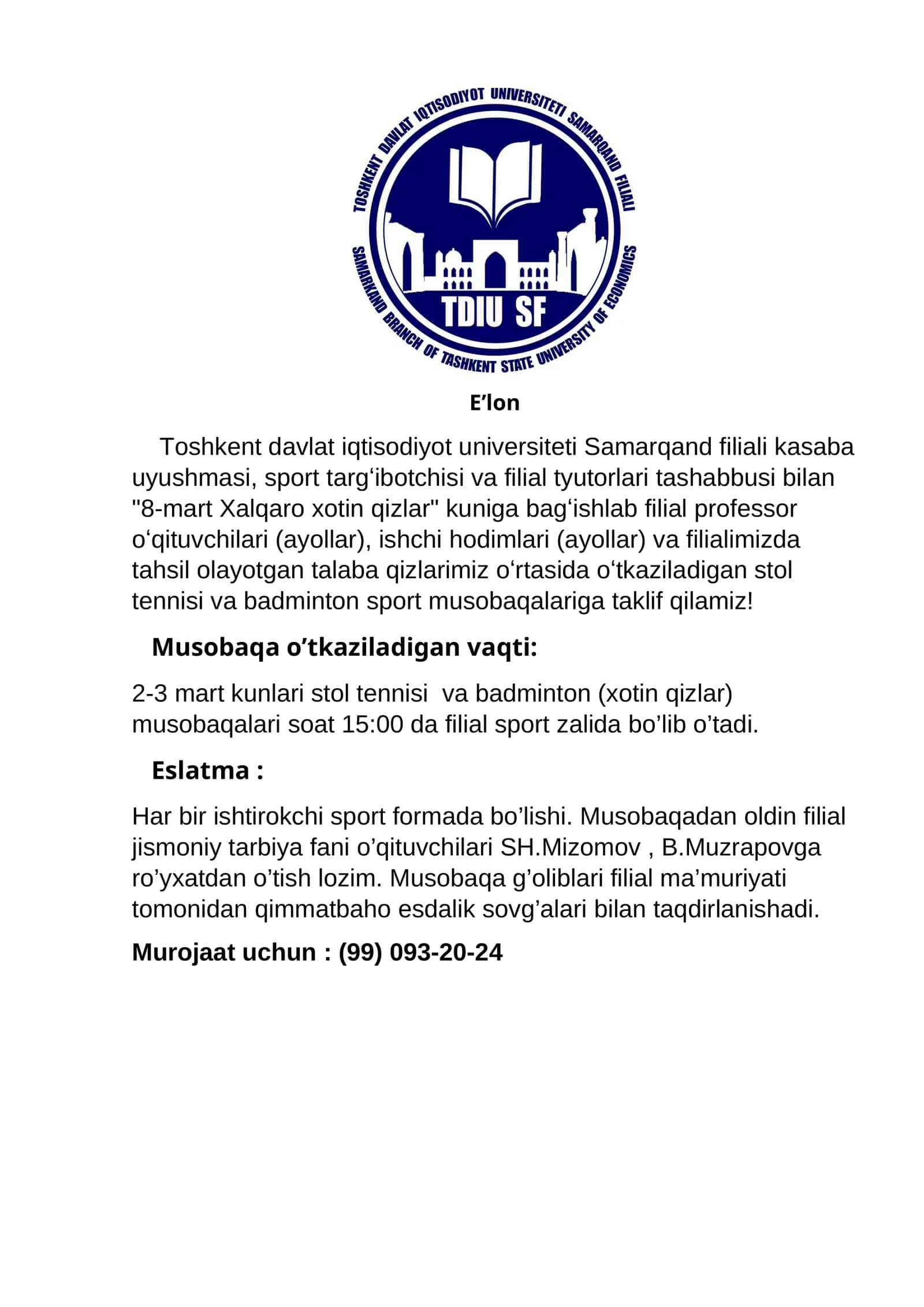 8-mart Xalqaro xotin qizlar kuniga bag'ishlangan musobaqalar