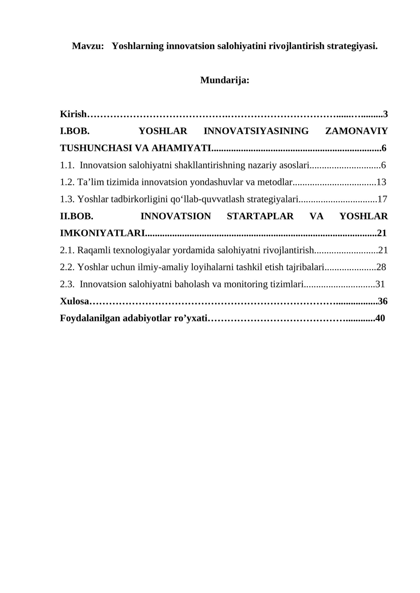 Yoshlarning innovatsion salohiyatini rivojlantirish strategiyasi
