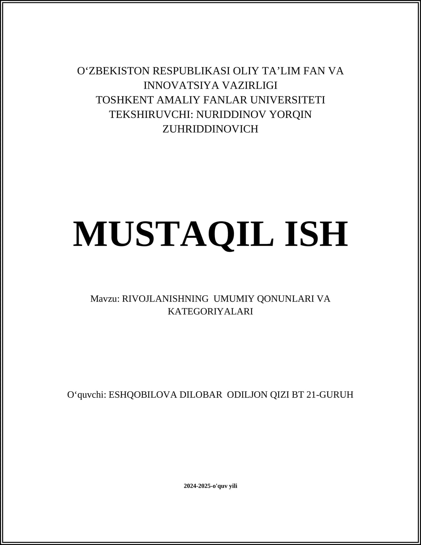 RIVOJLANISHNING UMUMIY QONUNLARI VA KATEGORIYALARI