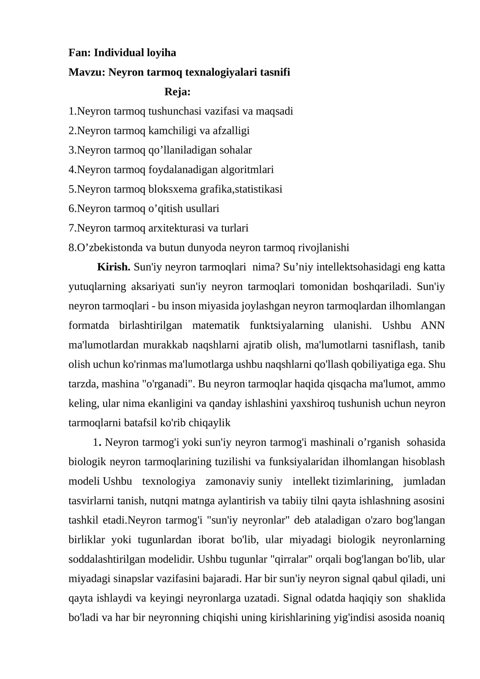 Neyron tarmoq texnalogiyalari tasnifi