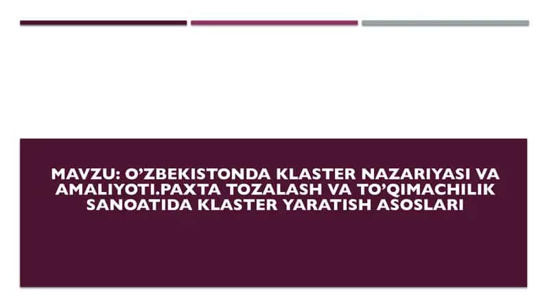 O’zbekistonda klaster nazariyasi va amaliyoti. Paxta tozalash va to’qimachilik sanoatida klaster