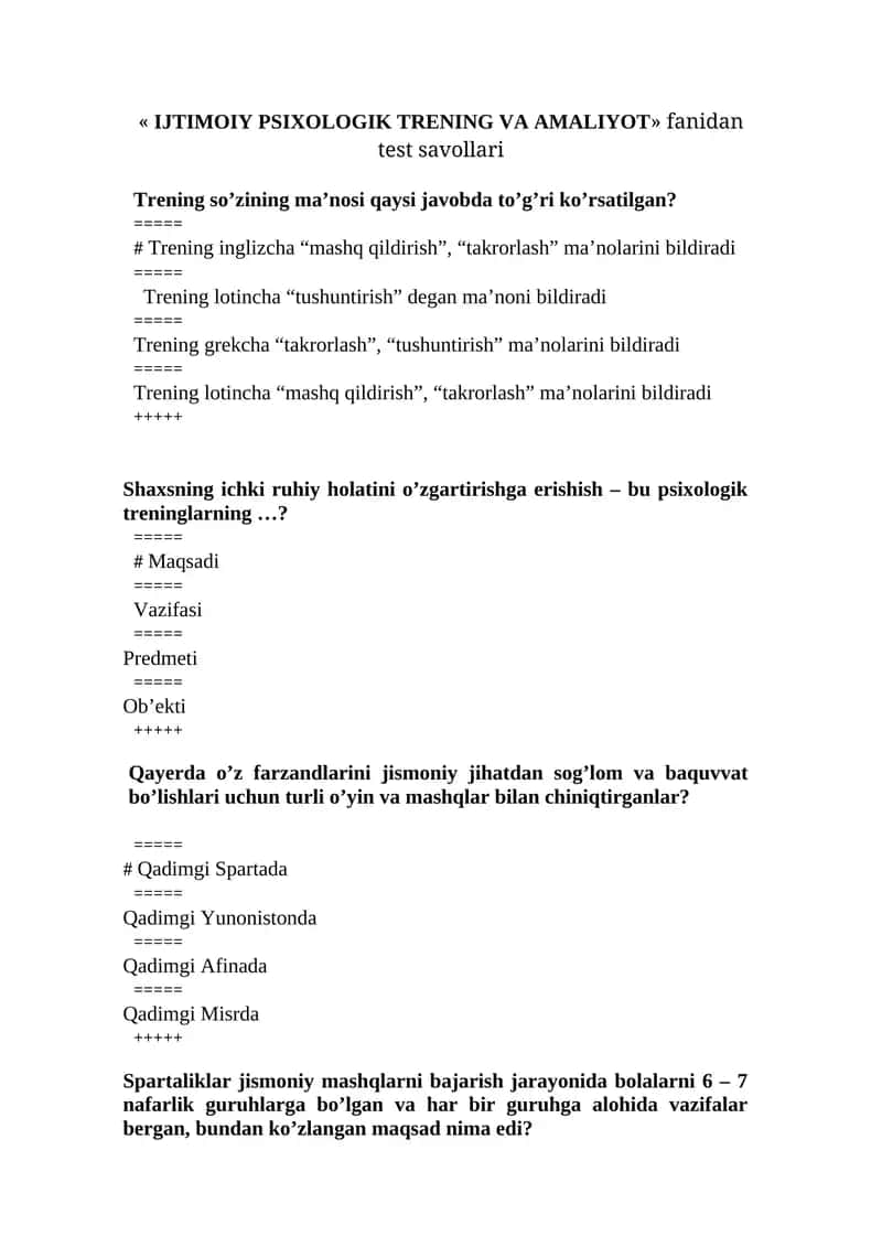IJTIMOIY PSIXOLOGIK TRENING VA AMALIYOT fanidan test savollari