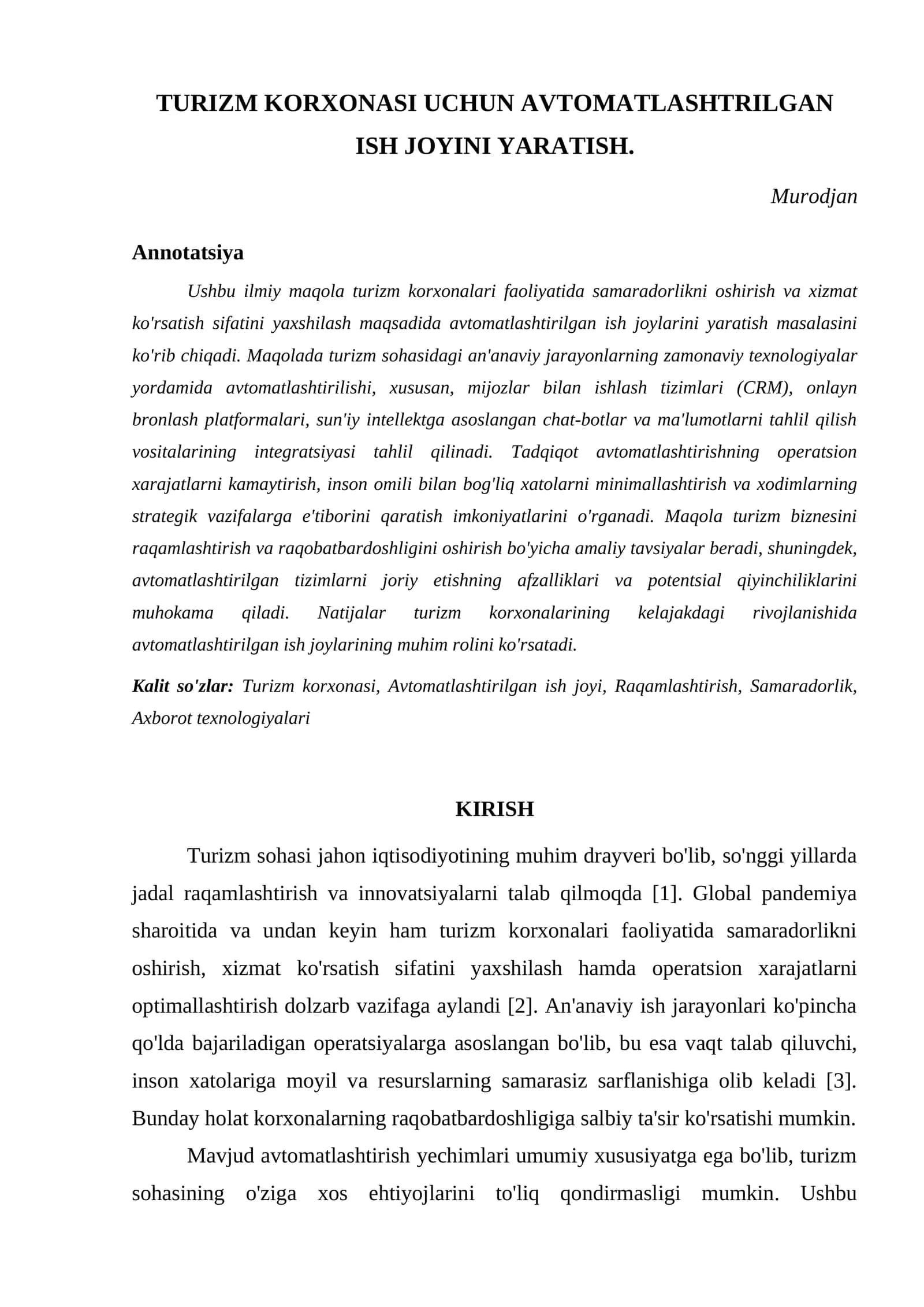 TURIZM KORXONASI UCHUN AVTOMATLASHTRILGAN ISH JOYINI YARATISH