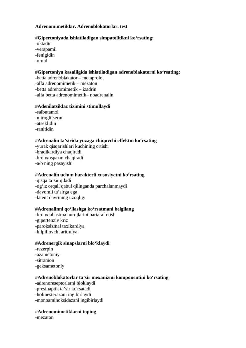 Adrenomimetiklar. Adrenoblokatorlar. test