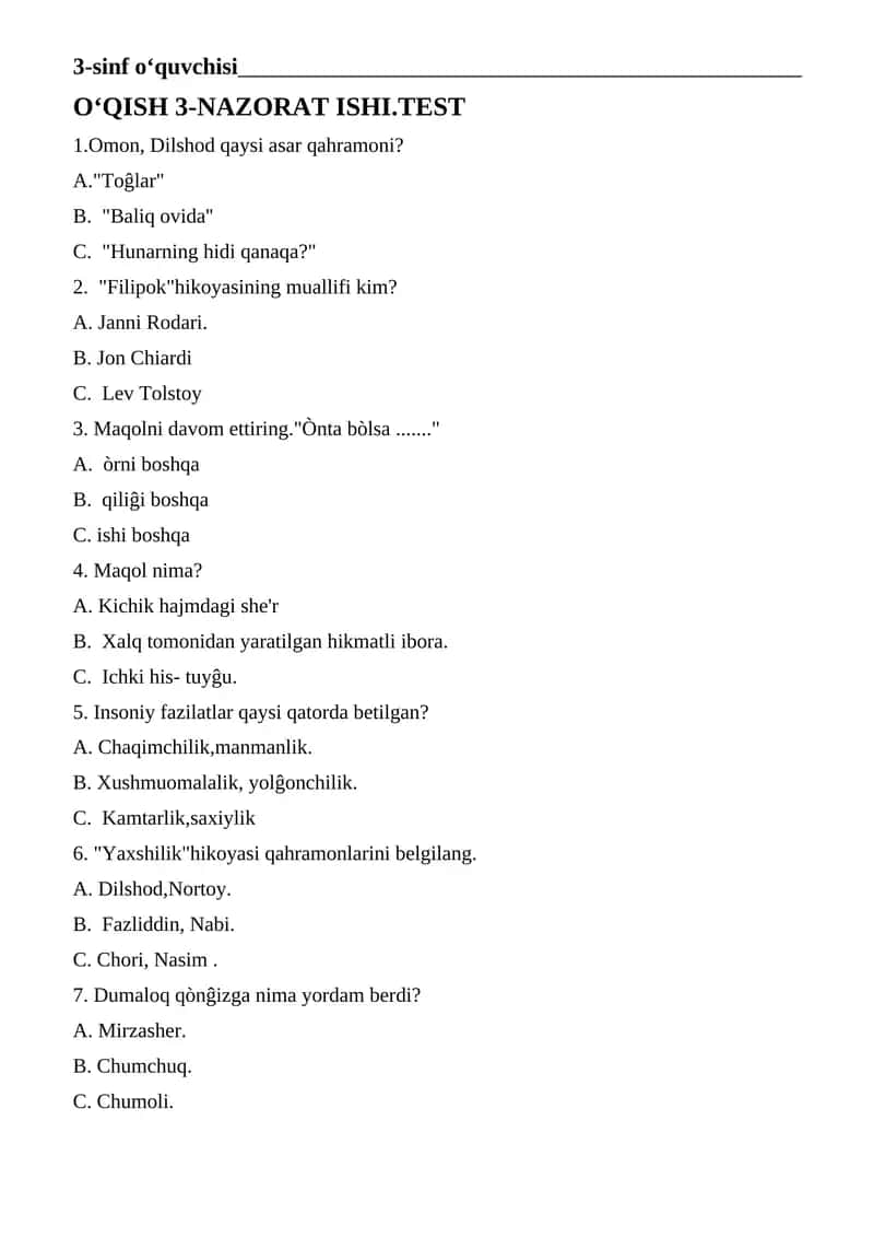 O‘QISH 3-NAZORAT ISHI.TEST