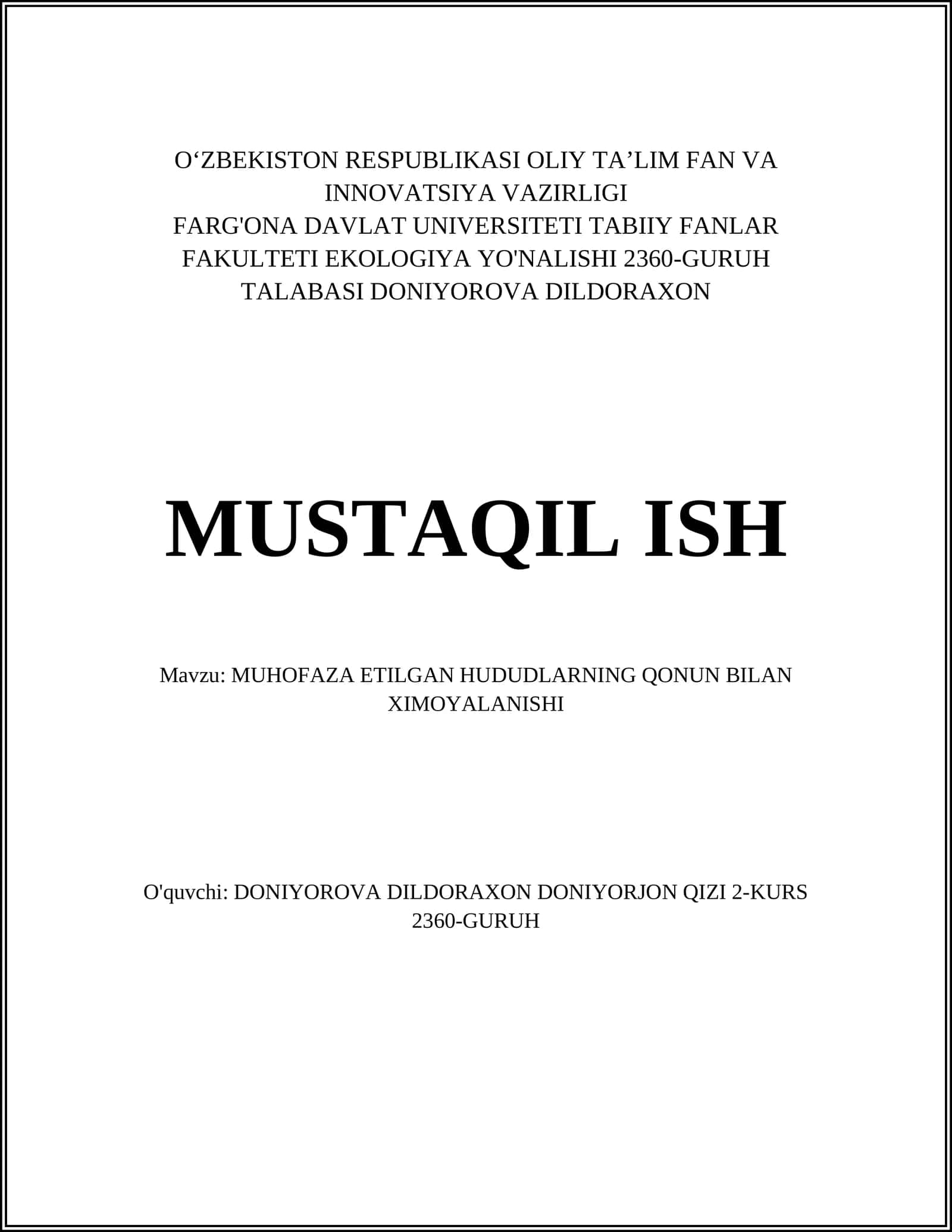 MUHOFAZA ETILGAN HUDUDLARNING QONUN BILAN XIMOYALANISHI