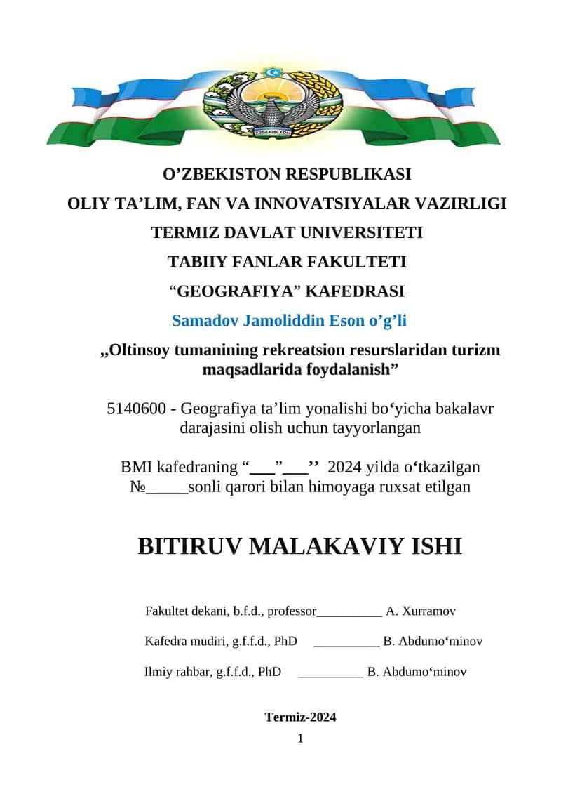 Oltinsoy tumanidagi rekriatsiya resurslaridan turizm maqsadida foydalanish