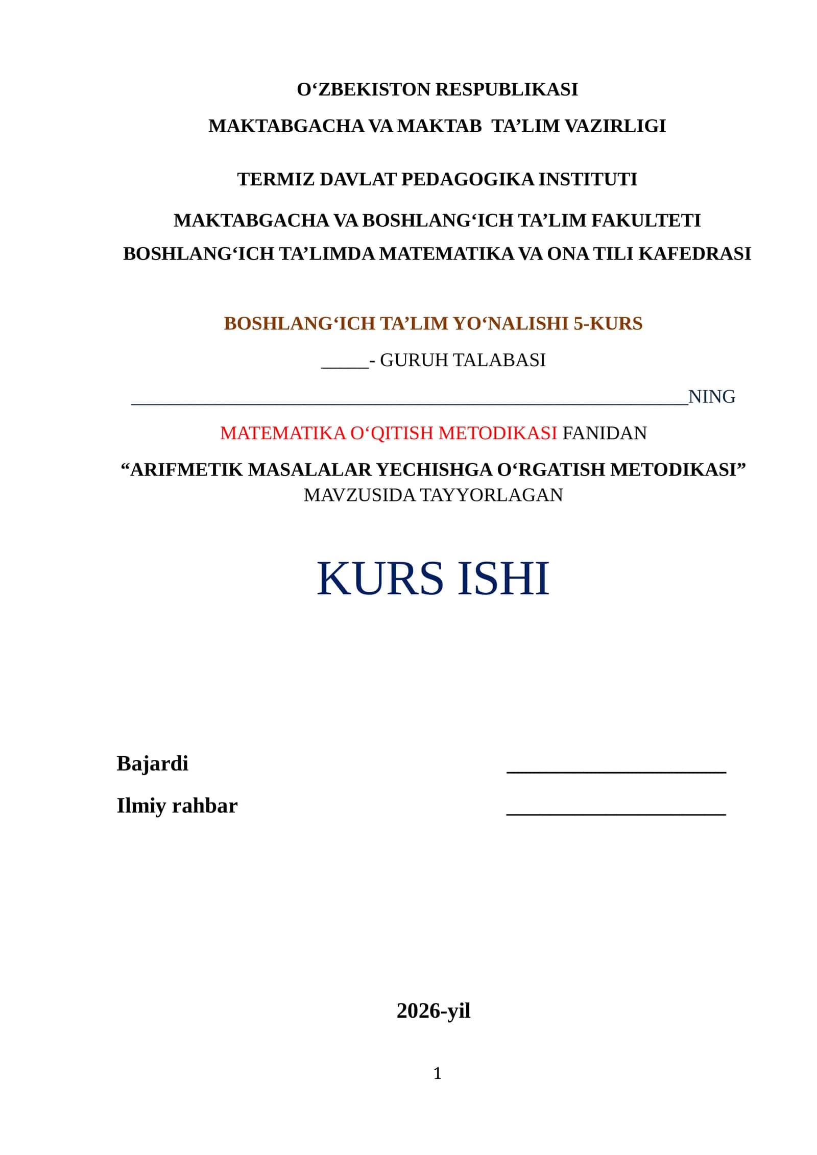 ARIFMETIK MASALALAR YECHISHGA O‘RGATISH METODIKASI