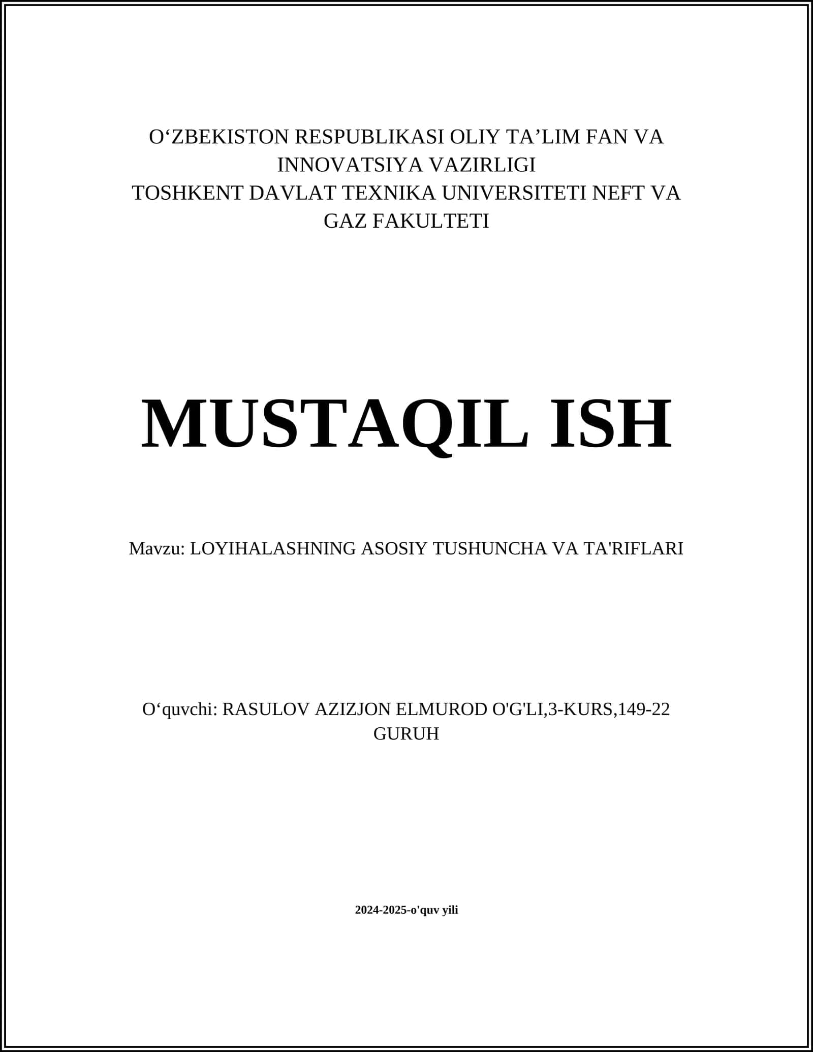 LOYIHALASHNING ASOSIY TUSHUNCHA VA TA'RIFLARI