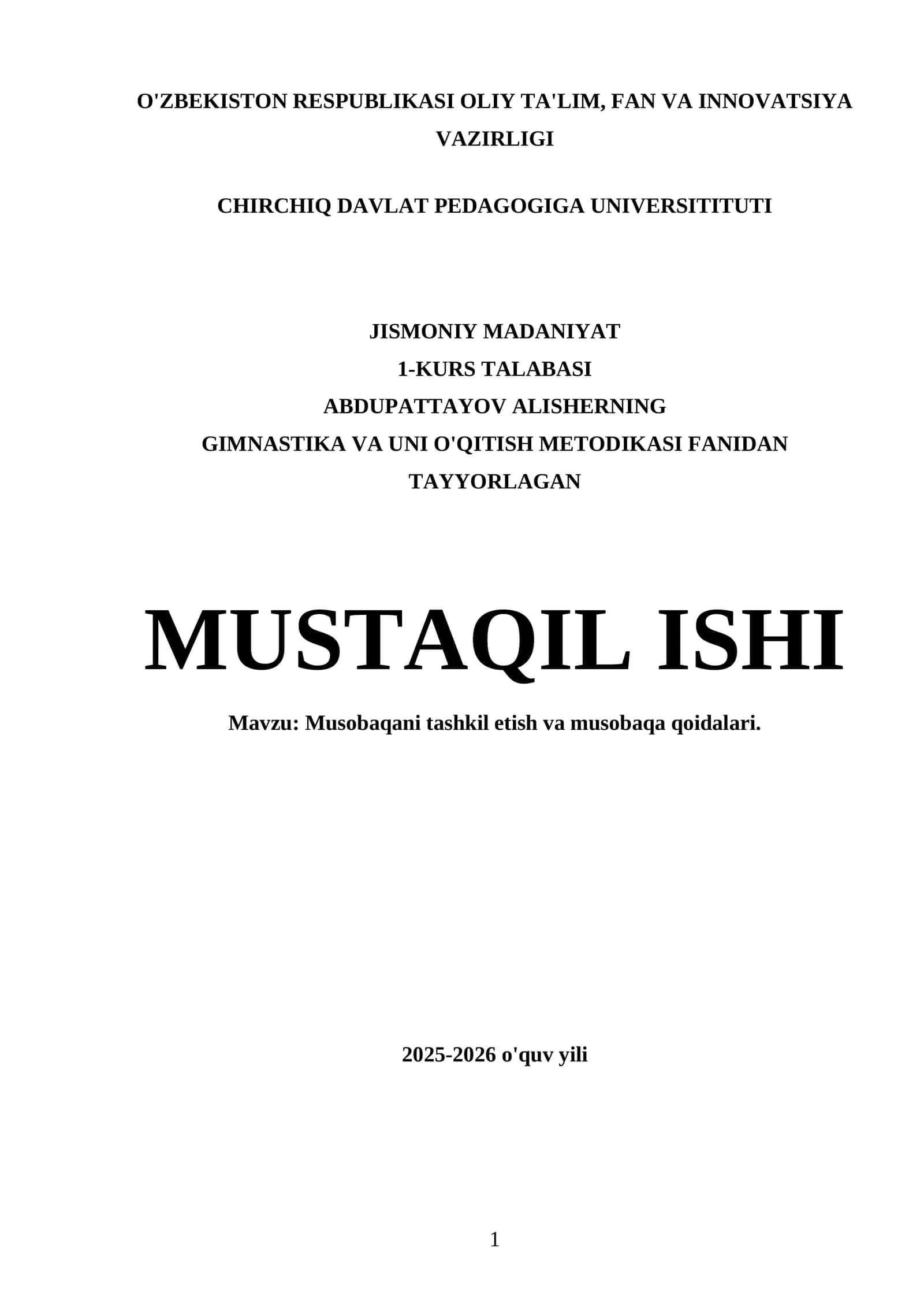 Musobaqani tashkil etish va musobaqa qoidalari