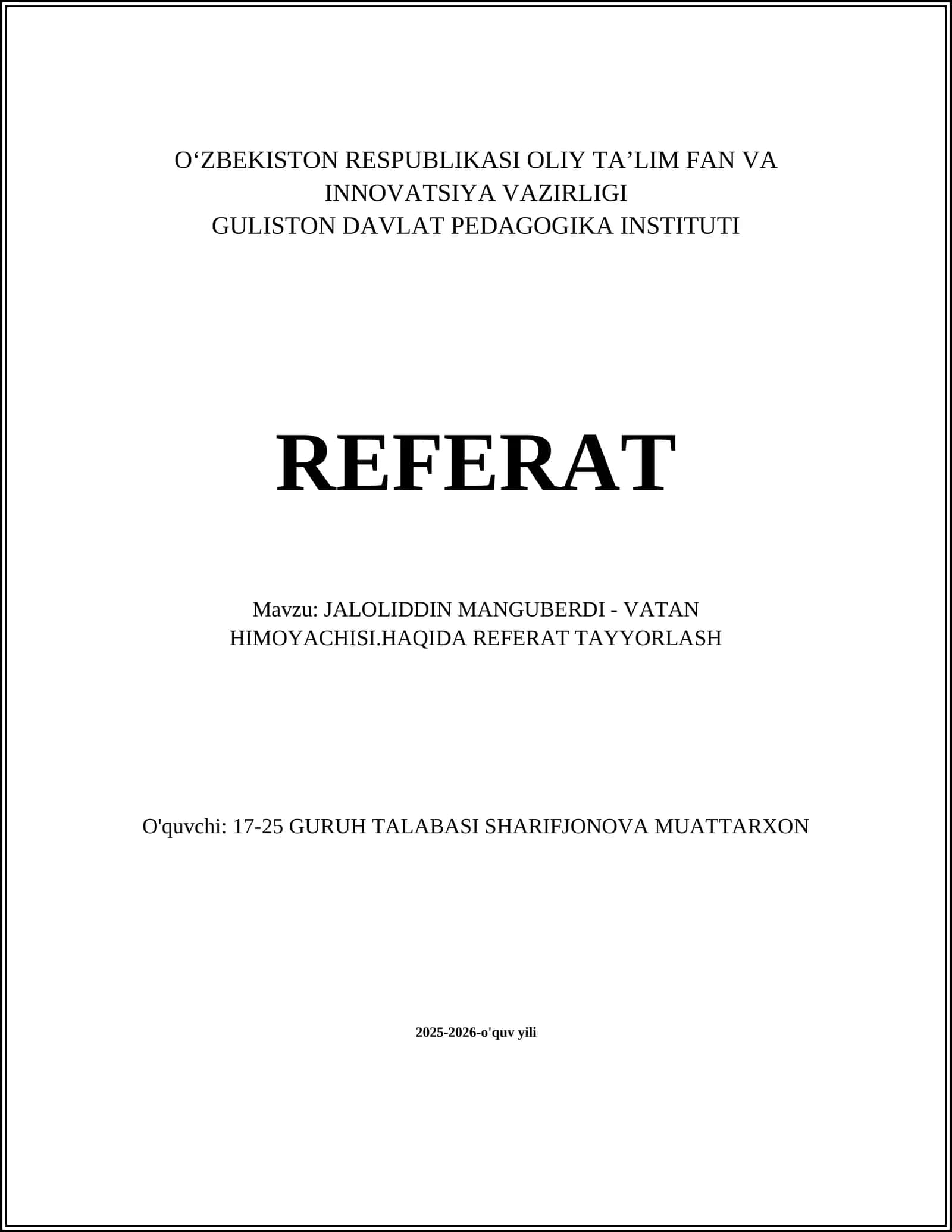JALOLIDDIN MANGUBERDI - VATAN HIMOYACHISI.HAQIDA REFERAT TAYYORLASH