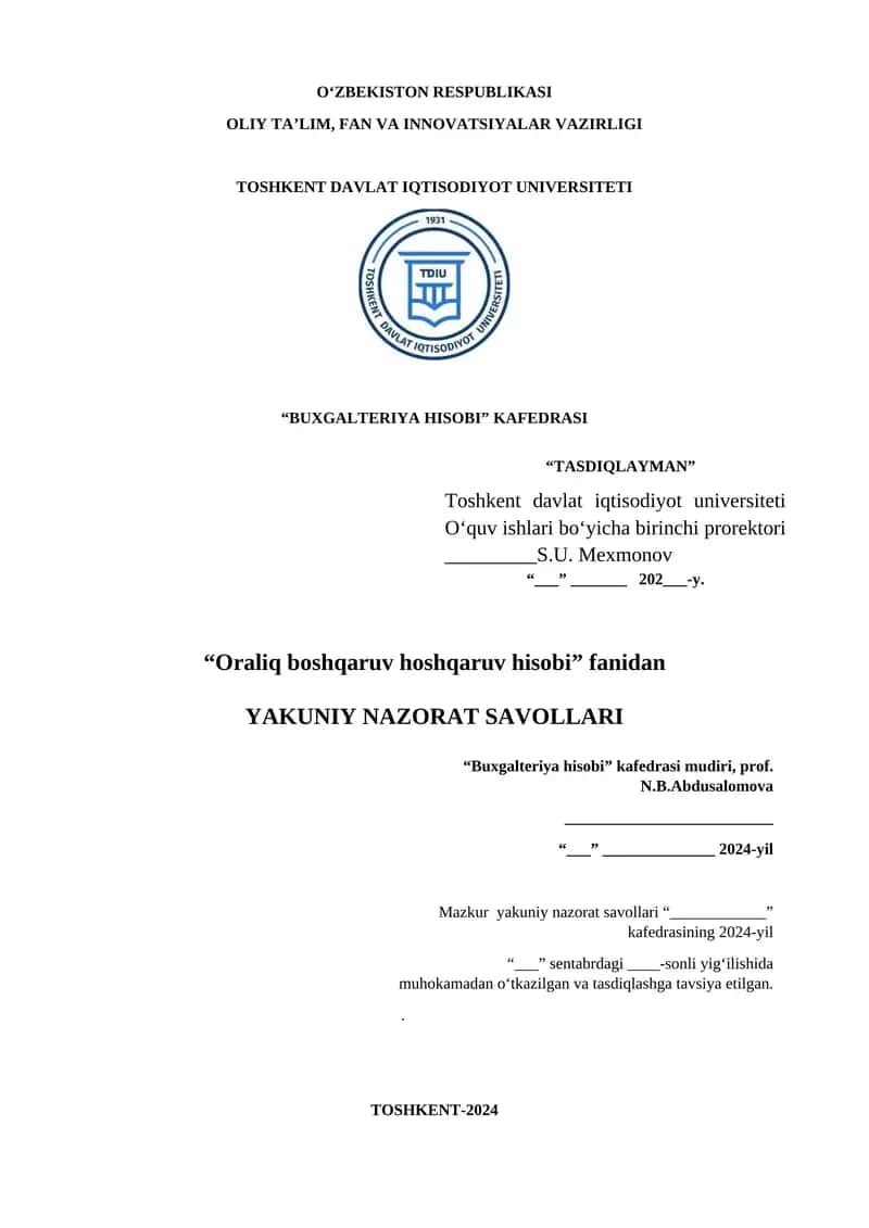Oraliq boshqaruv hisobi testlar