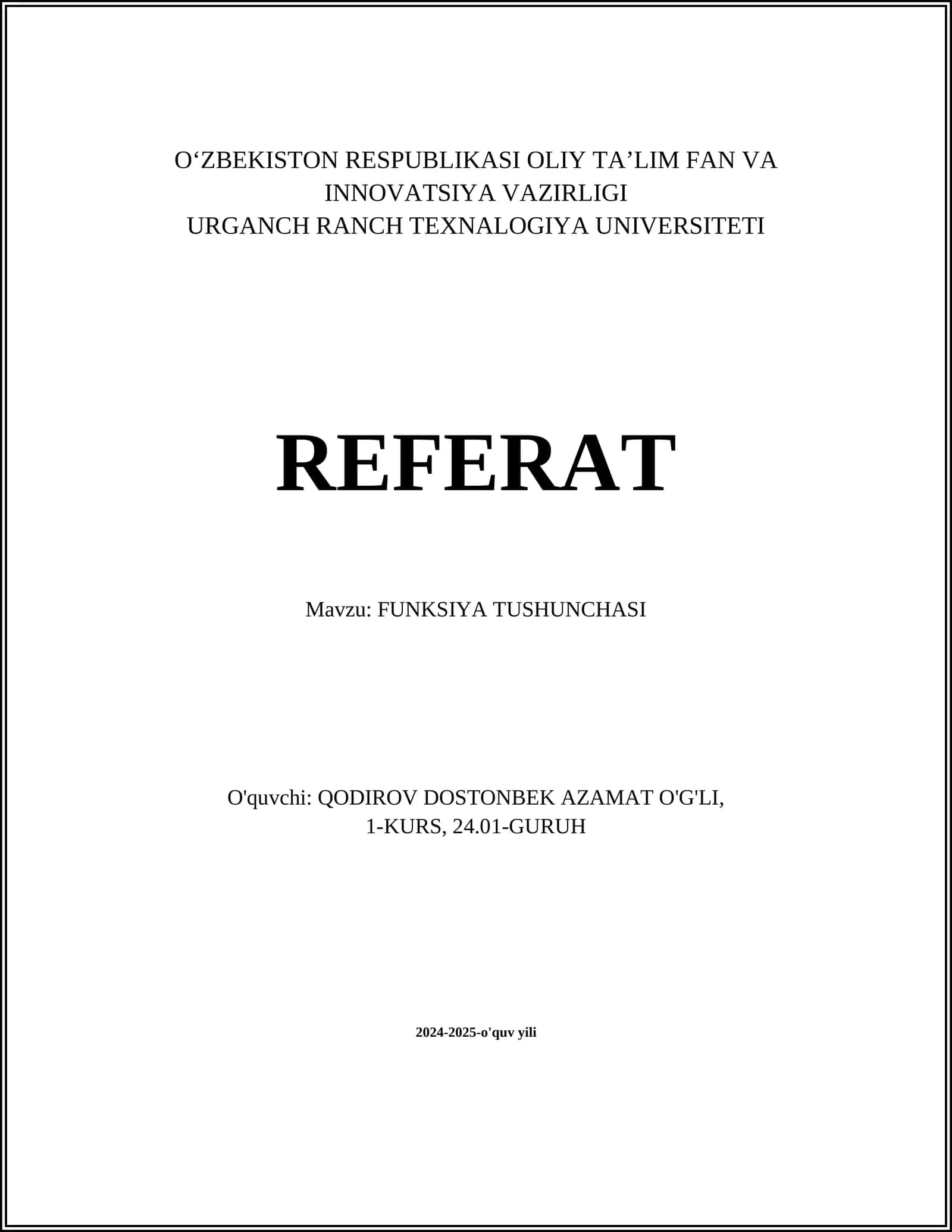 FUNKSIYA TUSHUNCHASI