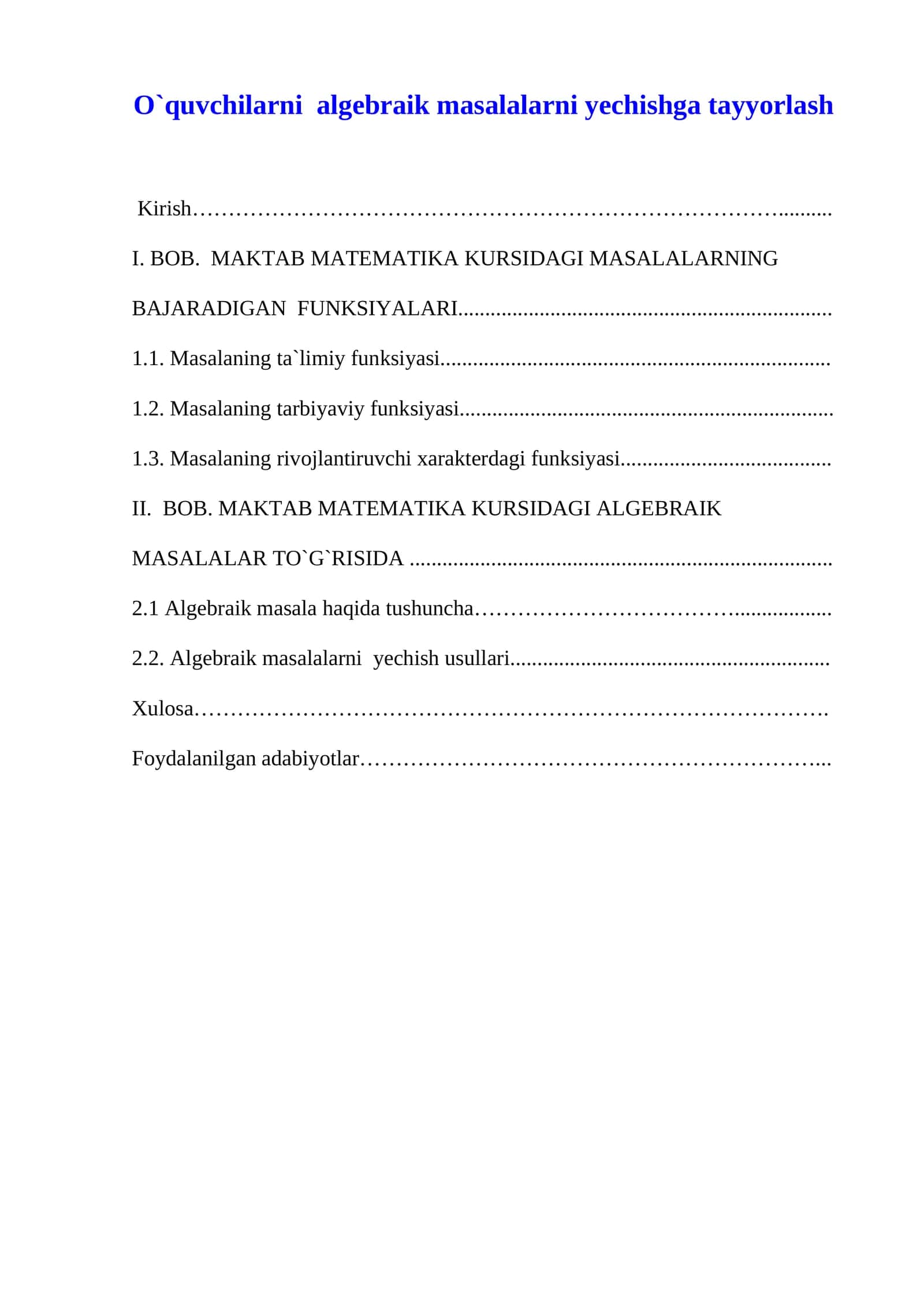 O`quvchilarni algebraik masalalarni yechishga tayyorlash