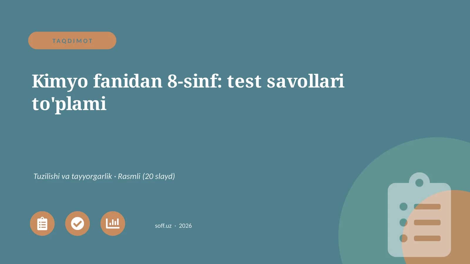 Kimyo fanidan 8-sinf: test savollari to'plami