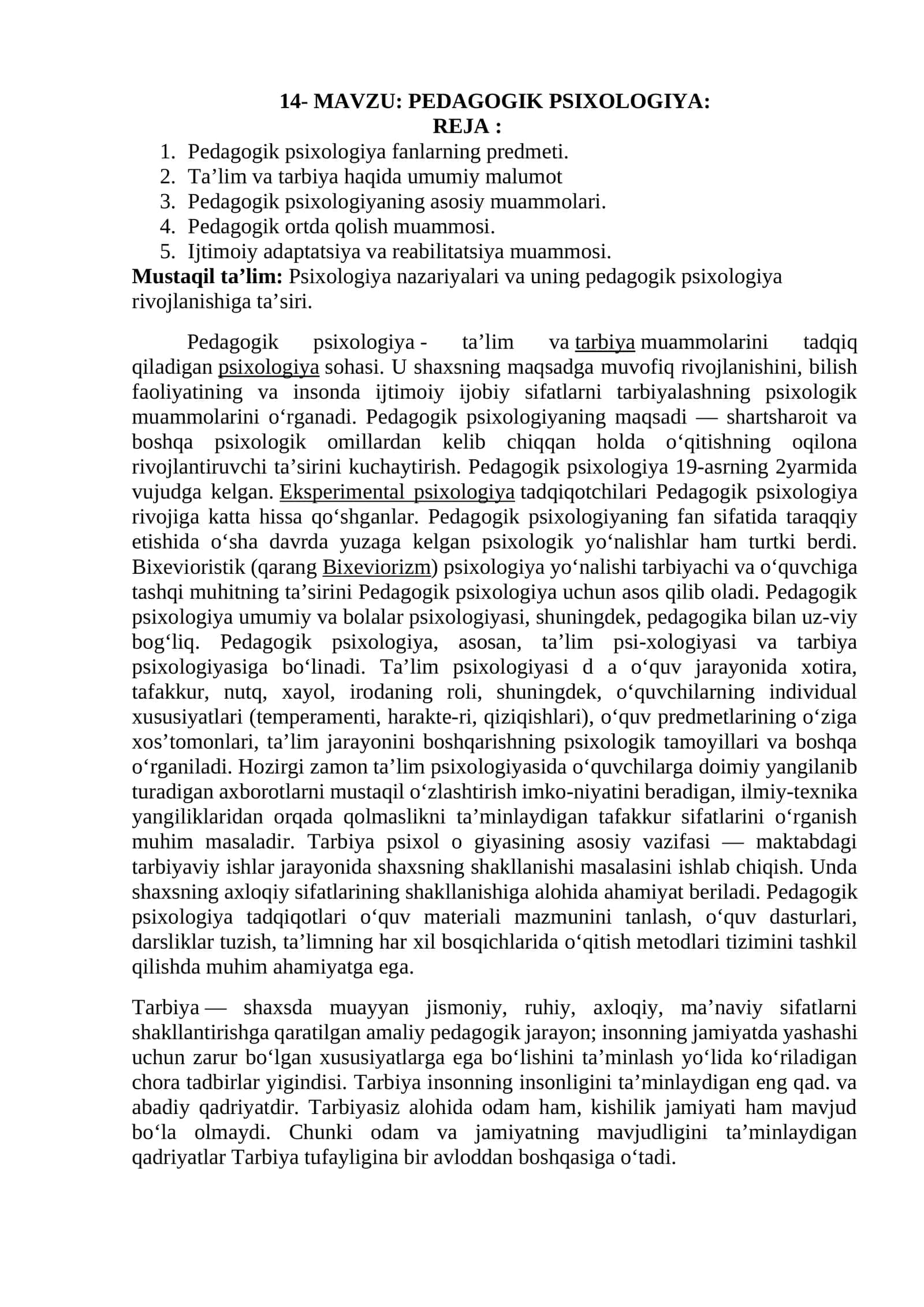 PEDAGOGIK PSIXOLOGIYA