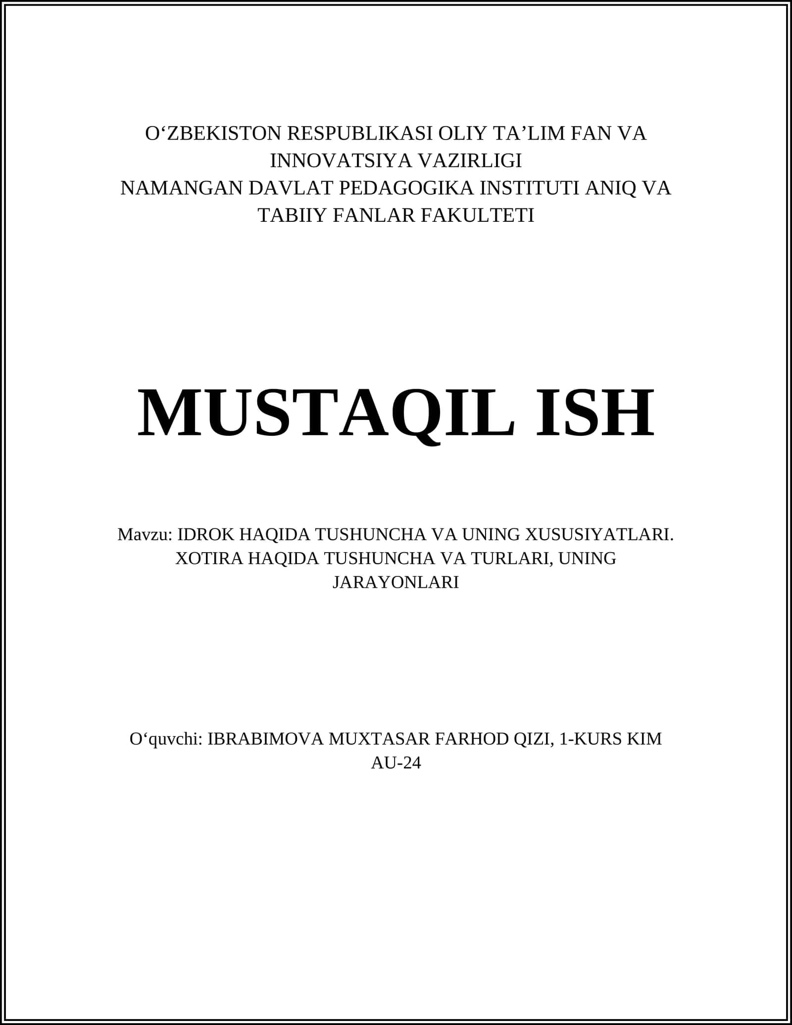IDROK HAQIDA TUSHUNCHA VA UNING XUSUSIYATLARI
