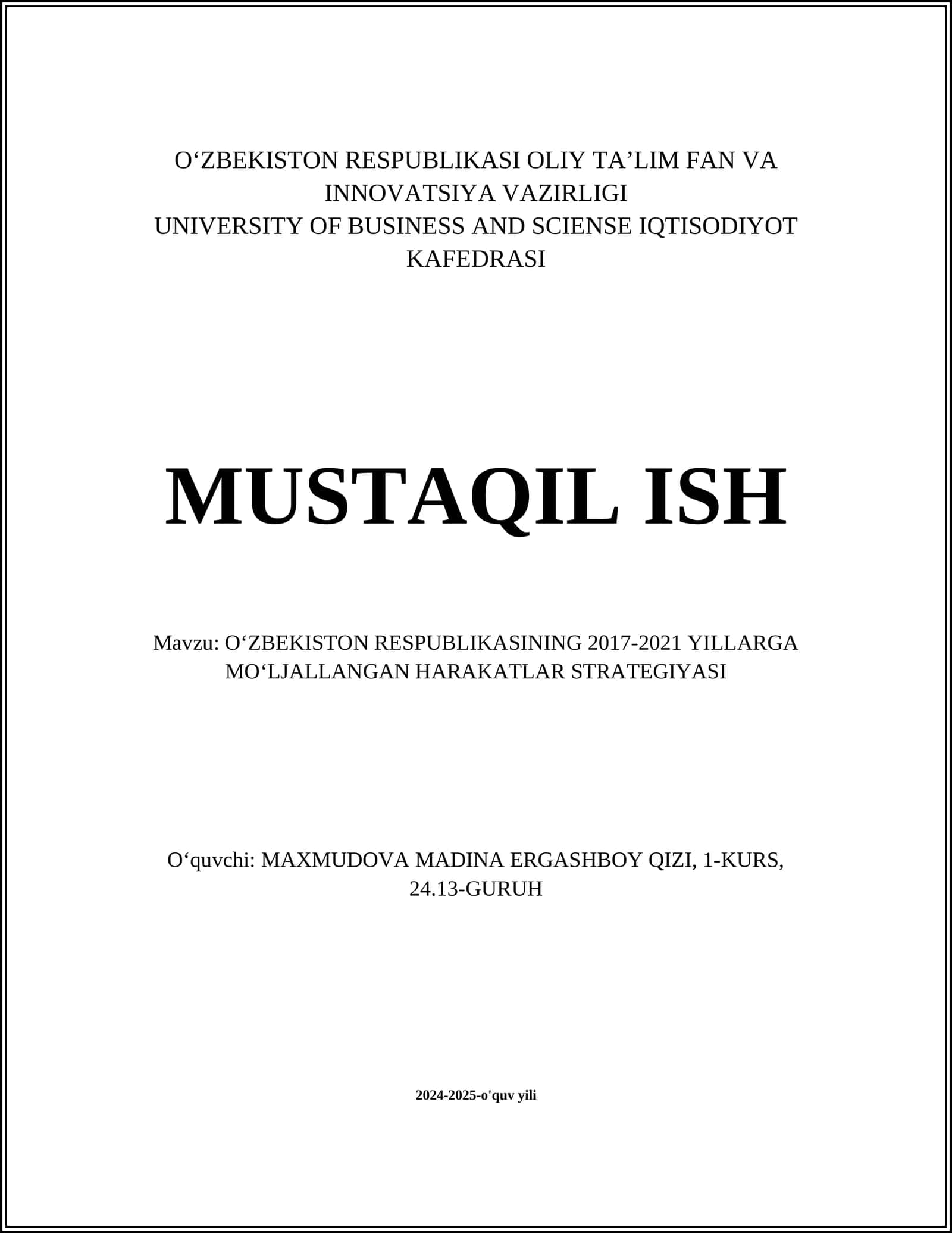 OʻZBEKISTON RESPUBLIKASINING 2017-2021 YILLARGA MOʻLJALLANGAN HARAKATLAR STRATEGIYASI