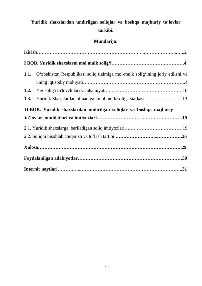 Yuridik shaxslardan undirilgan soliqlar va boshqa majburiy to’lovlar tarkibi
