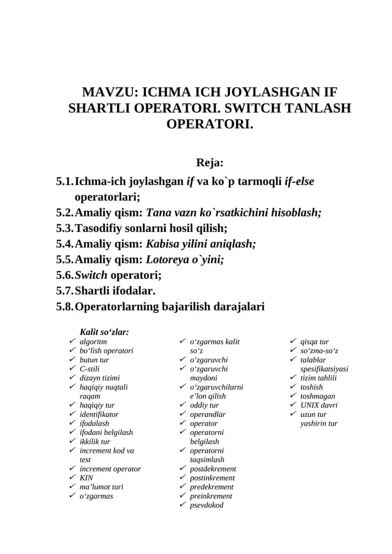 ICHMA ICH JOYLASHGAN IF SHARTLI OPERATORI. SWITCH TANLASH OPERATORI.