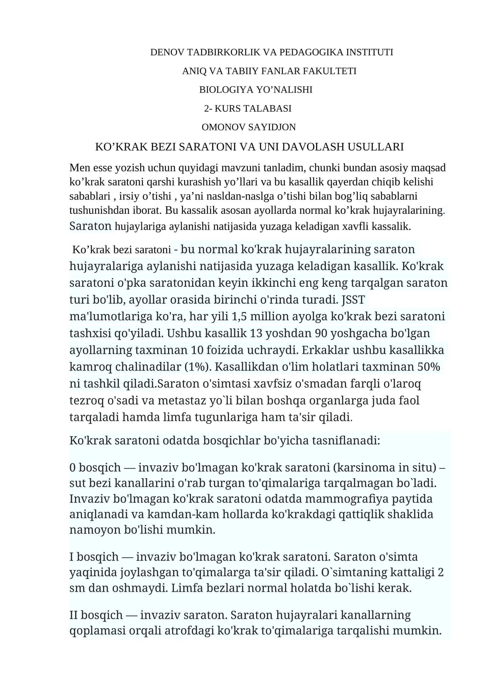 Ko'krak Bezi Saratoni va Uni Davolash Usullari